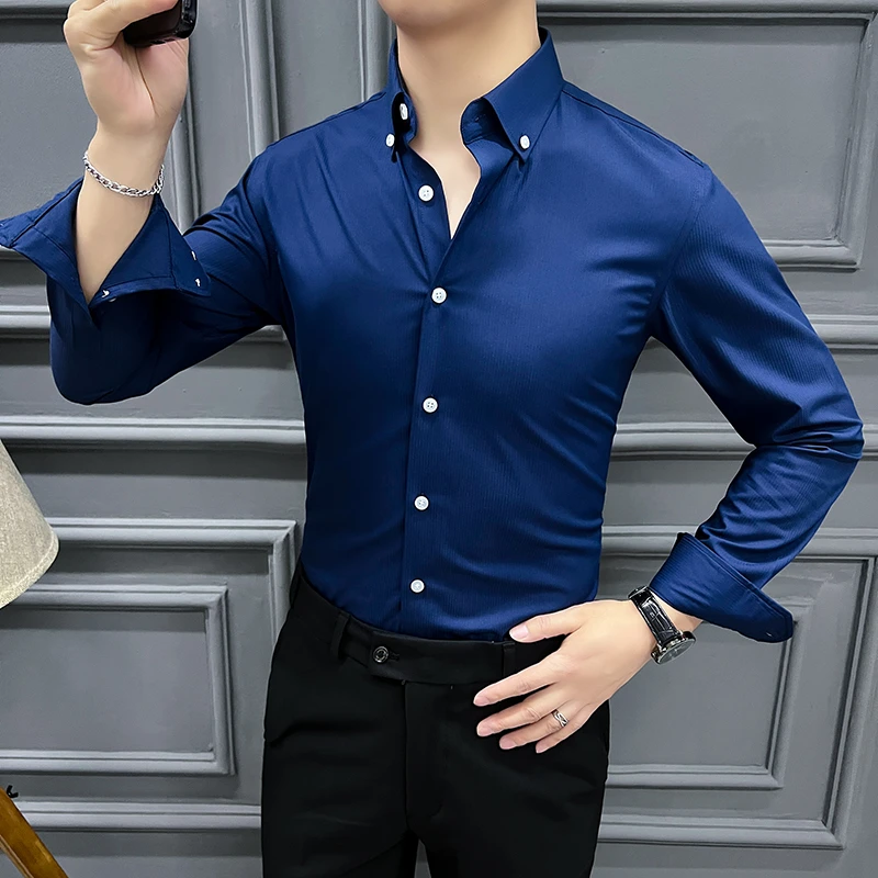 新款定制面料高品质细条纹衬衫扣领 修身韩版休闲职业帅气商务