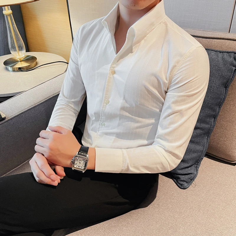 B365-3014 长袖衬衫男士修身大领子条纹潮流休闲帅气衬衣职业商务
