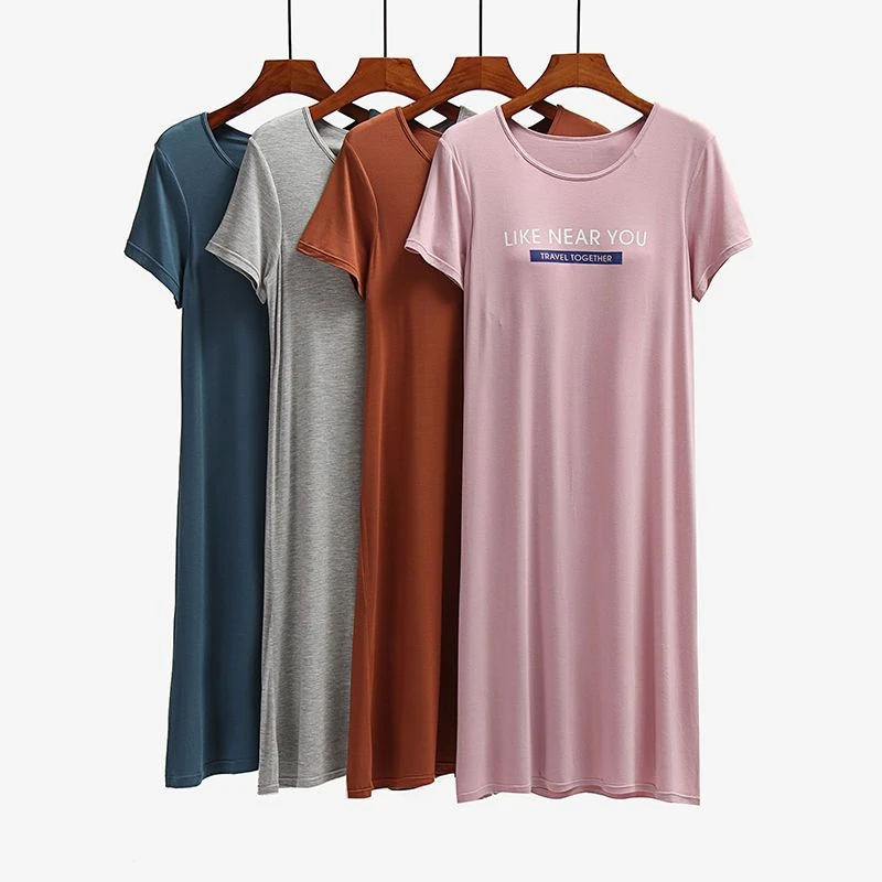 睡衣女印花带胸垫短袖睡裙免文胸薄款睡衣大码连衣裙女夏家居服