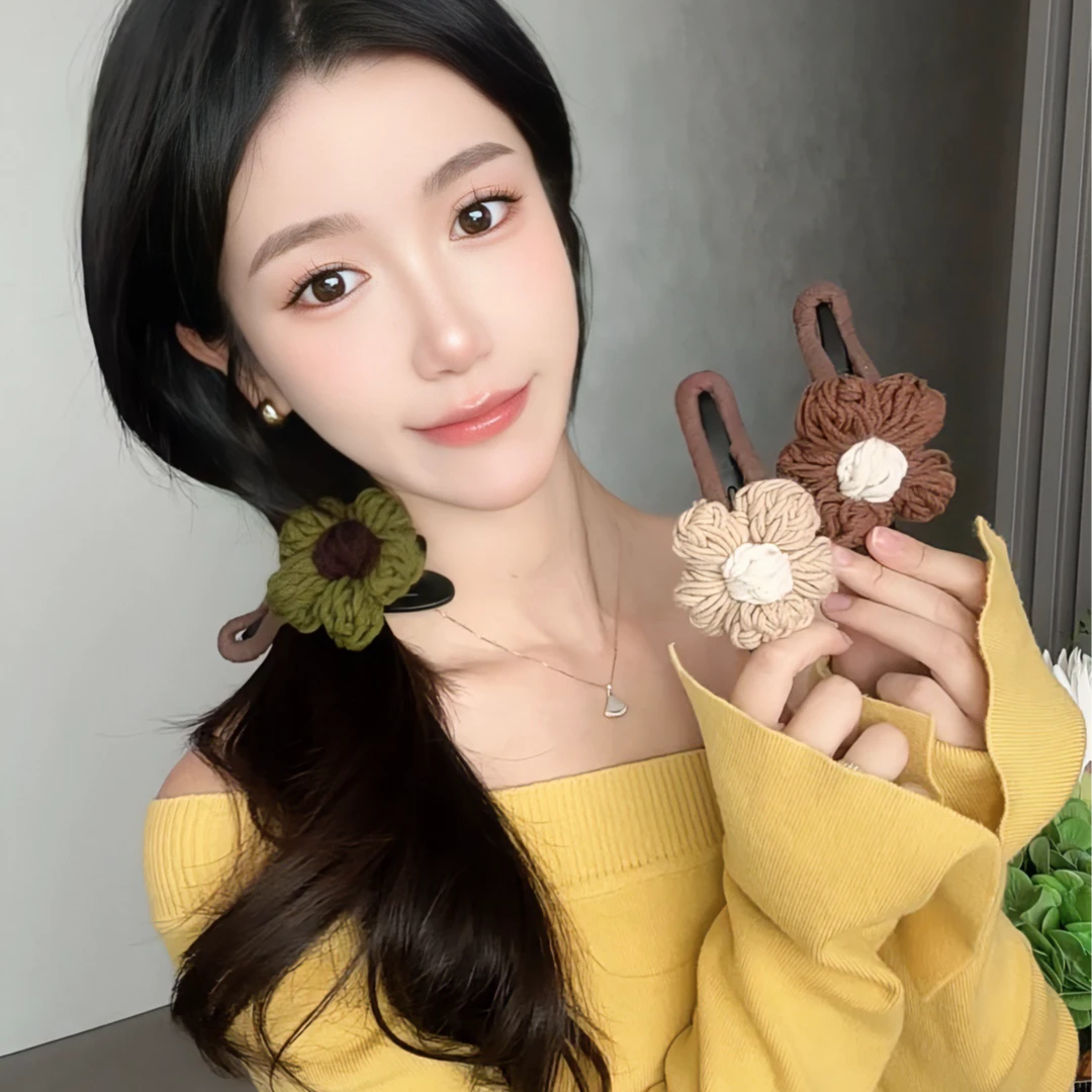 复古花朵毛线发夹女秋冬大号鸭嘴抓夹鲨鱼夹安全代替品横夹子头饰