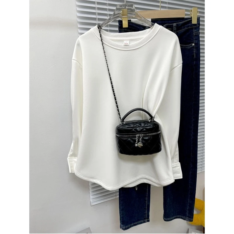 中长款加绒长袖高级感小众纯色开叉上衣宽松大码300斤打底衫秋冬