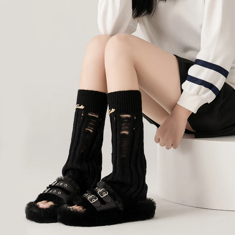 陌秀黑色袜套女春秋堆堆袜阔腿针织腿套y2k春季小腿辣妹破洞袜子