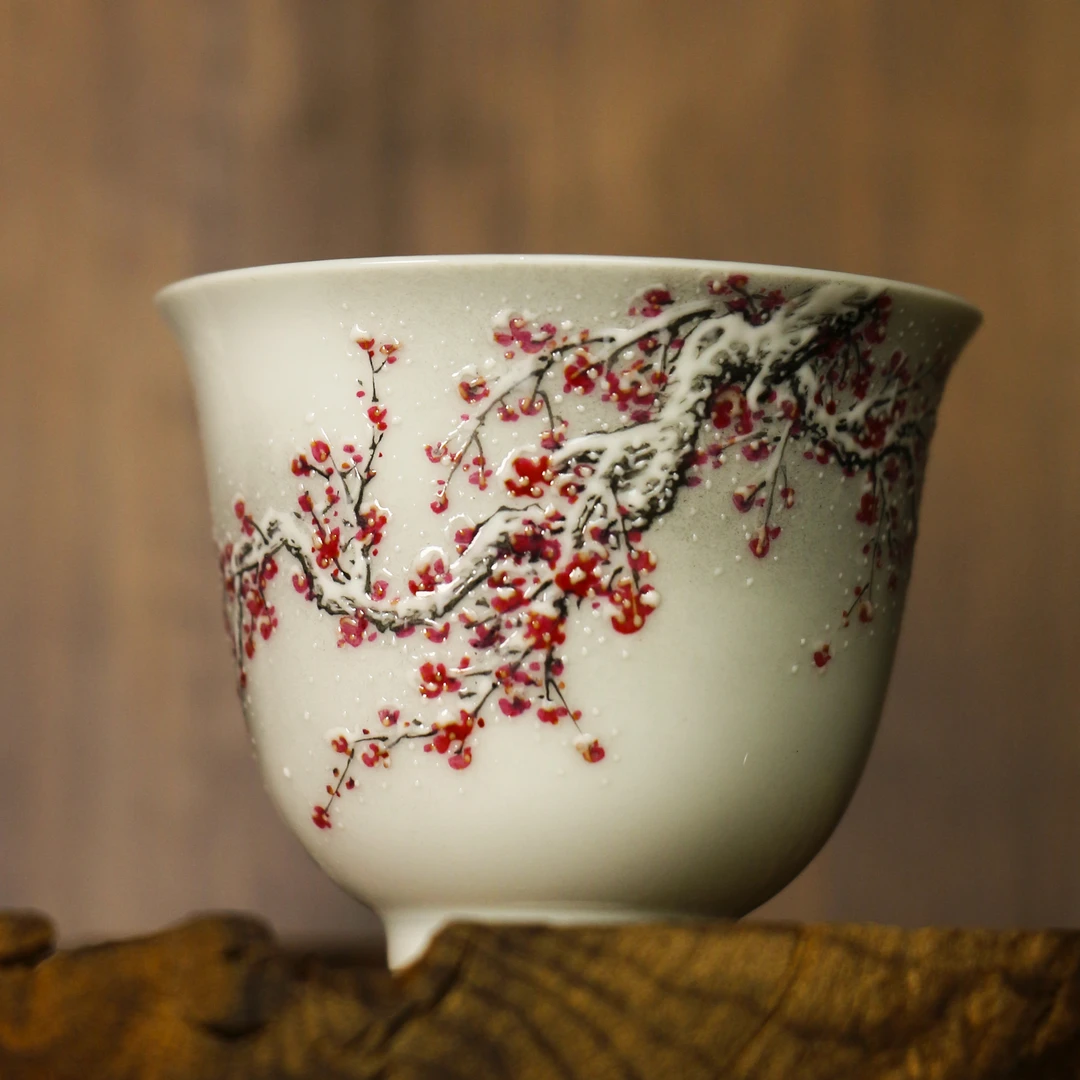 景德镇仿古泥手工手绘釉上彩雪景套组陶瓷主人杯盖碗