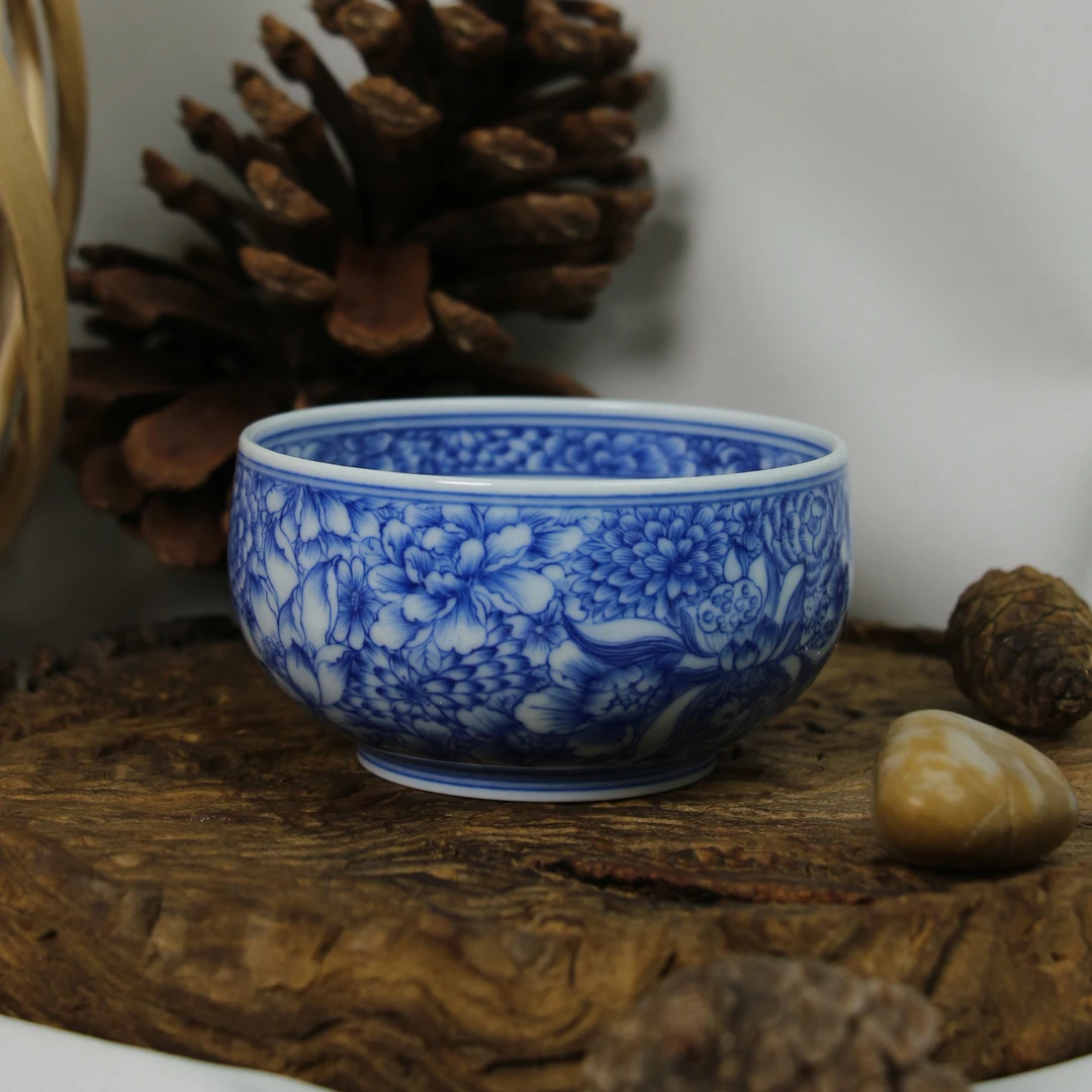 景德镇陶月楼青花手绘圆融杯万花主人杯纯手工陶瓷