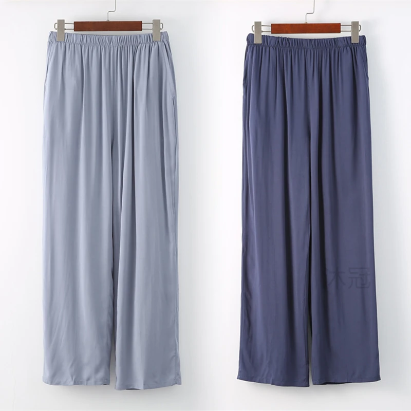 棉绸直筒裤夏季长裤男中老年爸爸防蚊裤宽松人造棉高腰薄款绵绸裤