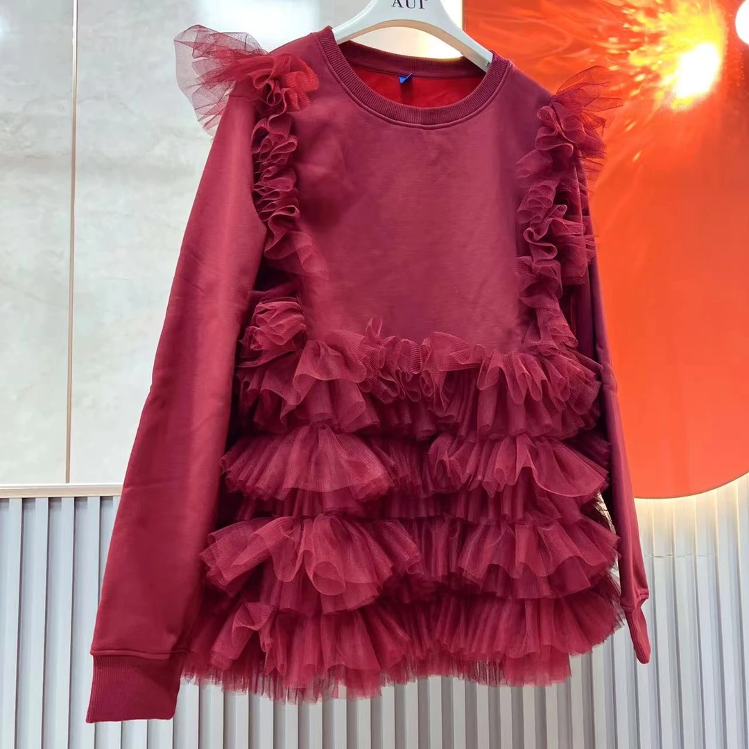 1608【熙妮定制】泰潮设计师款私人订制假两件套头卫衣拼纱裙简约