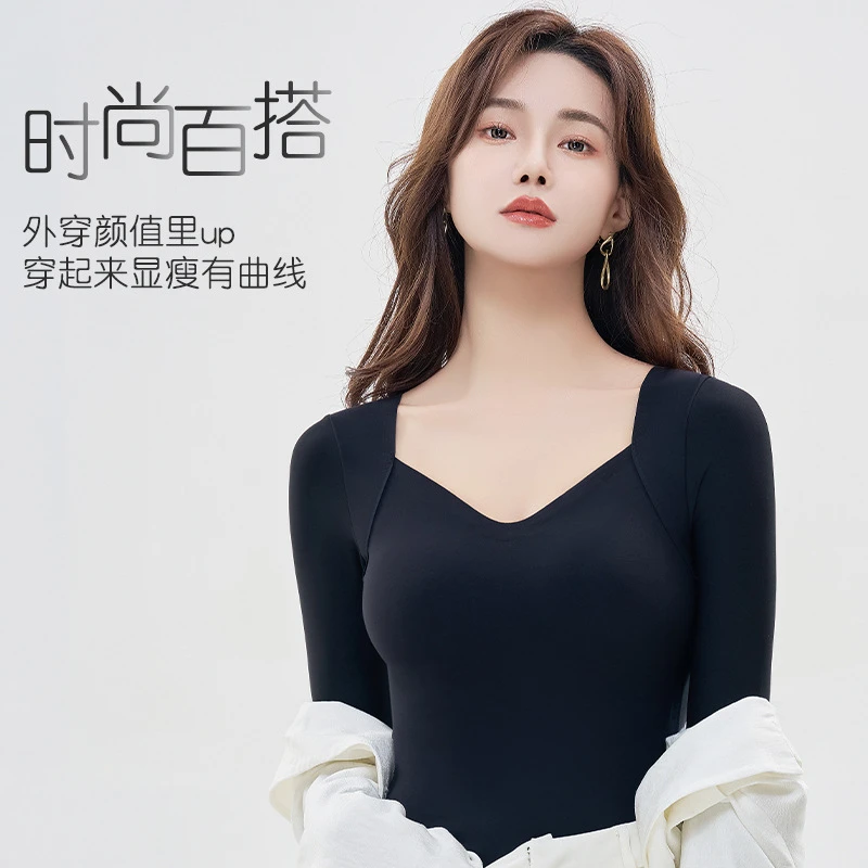 秋上新打底衫女文胸一体式复古领内搭外穿玻尿酸长袖保暖内衣女士