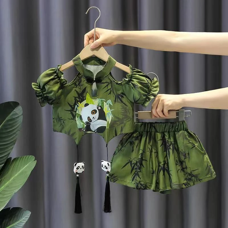 爆款2024新款洋气时尚女宝韩版中大童女童国风新中式卡通熊猫套装