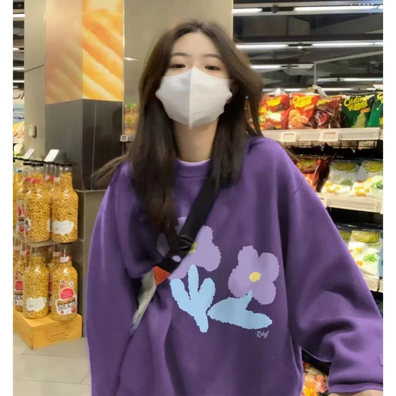 199紫色圆领卫衣女春秋新款爆款宽松bf慵懒风小个子上衣