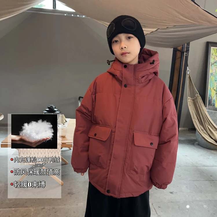 邦仔家童装年服90酱粉色羽绒服连帽男女童洋气保暖外套潮