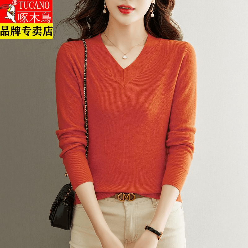高档衫秋冬新款v领洋气显瘦百搭减龄毛衣针织打底衫女