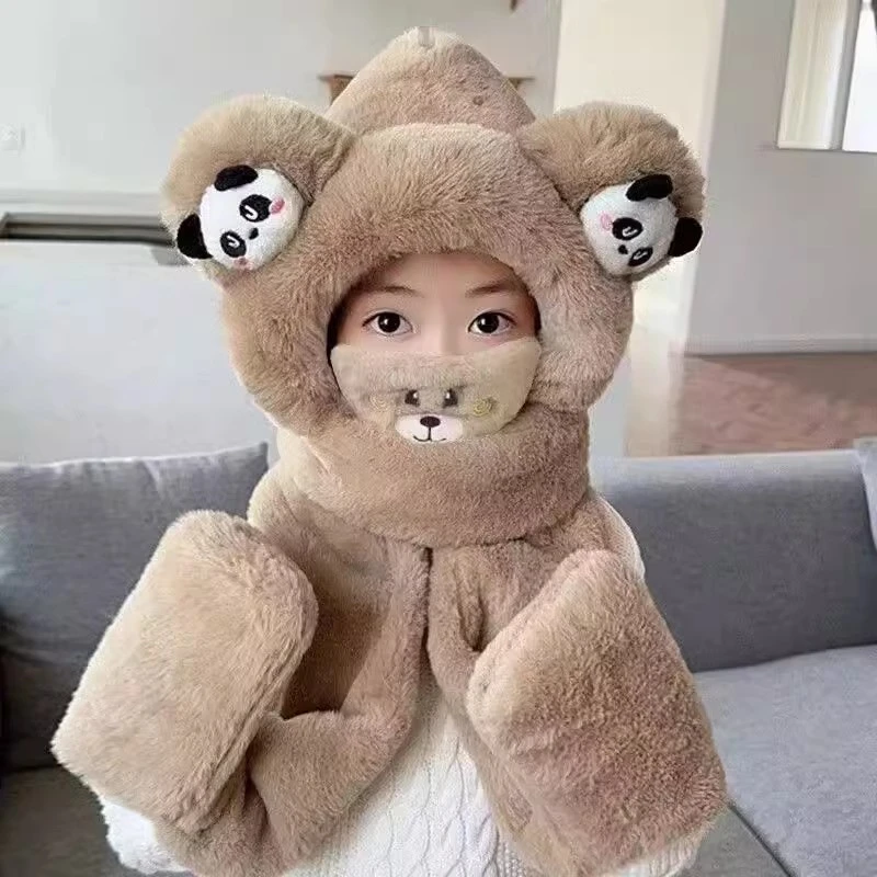 2024冬季新款儿童帽子围巾手套一体男女童卡通熊猫儿童冬季帽子