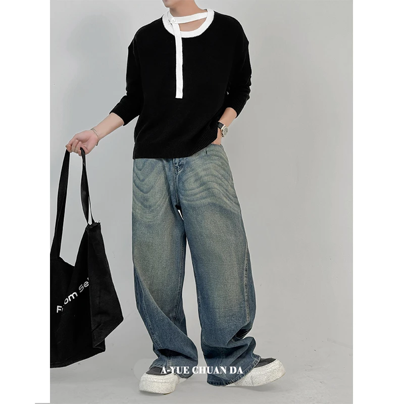 A YUE 美式重磅高街复古水洗牛仔裤男 阔腿宽松直筒休闲裤潮