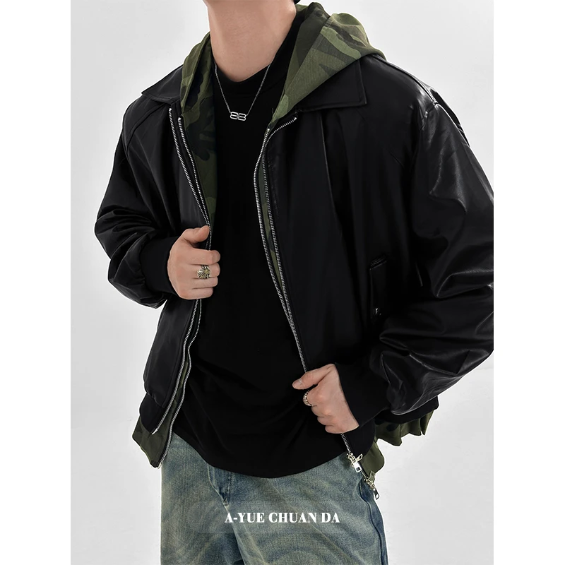 A YUE 美式复古假两件拼接连帽皮衣外套男秋季宽松潮流机车夹克