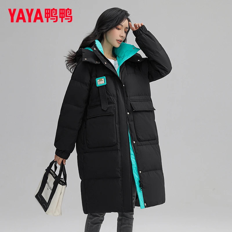 YAYA/鸭鸭中长款羽绒服女款过膝宽松连帽保暖冬季外套YE3B601483L