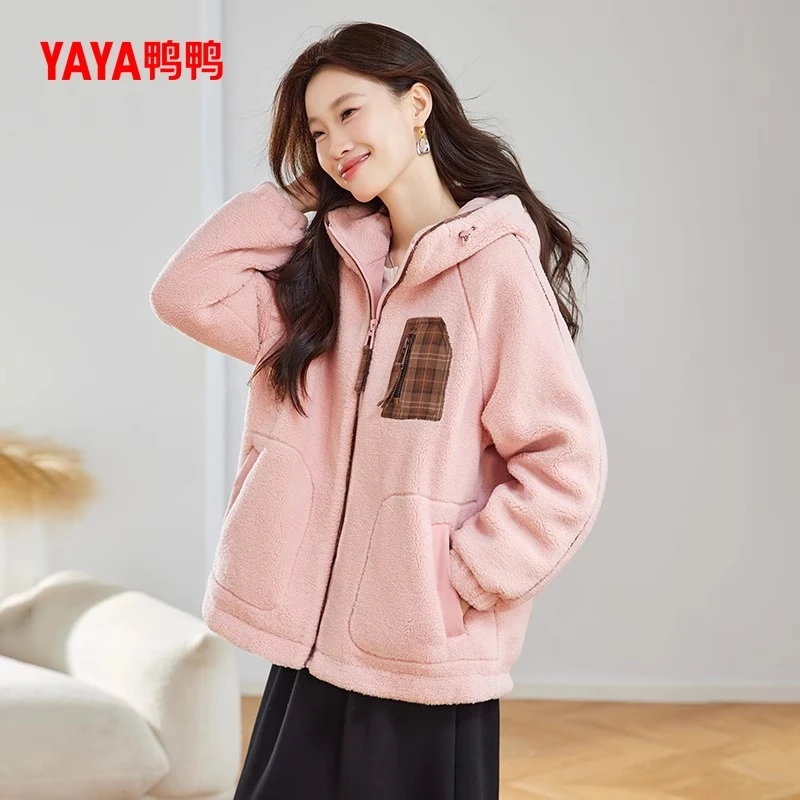 YAYA/鸭鸭羽绒服女短款秋冬季时尚休闲羊羔绒保暖外套YE4B620382H