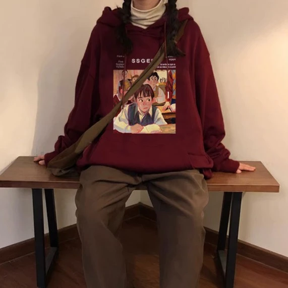 洋气复古酒红色连帽卫衣女装早秋新款韩版卡通印花宽松休闲上衣潮