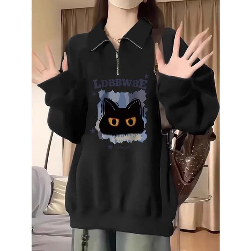 美式复古黑色POLO领卫衣女秋冬新款宽松趣味印花慵懒风套头上衣服