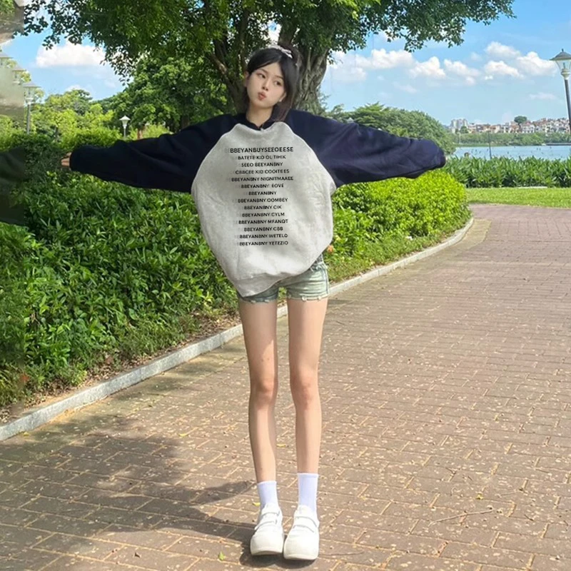 复古高街潮牌字母印花休闲撞色插肩圆领卫衣女秋季薄款百搭上衣服