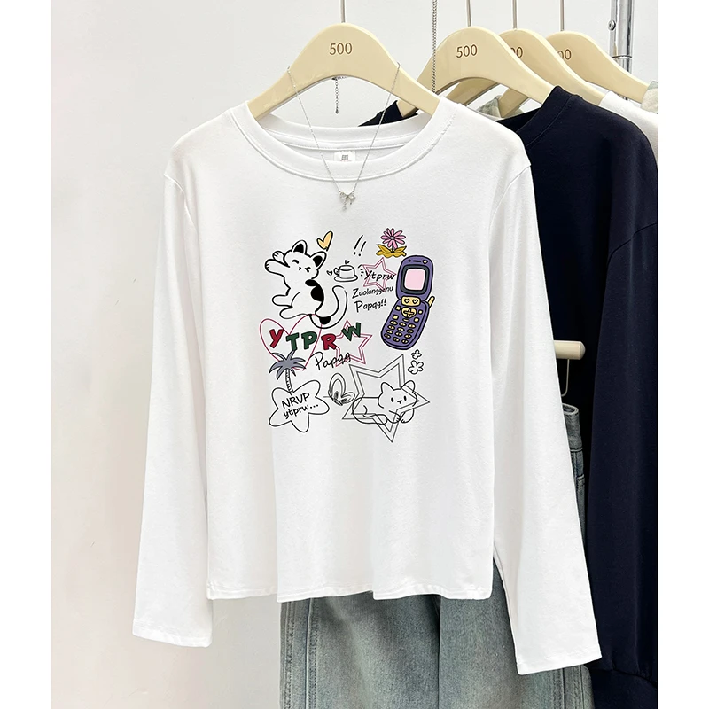 白色正肩长袖T恤女2024秋季新款韩版小个子穿搭圆领洋气印花上衣