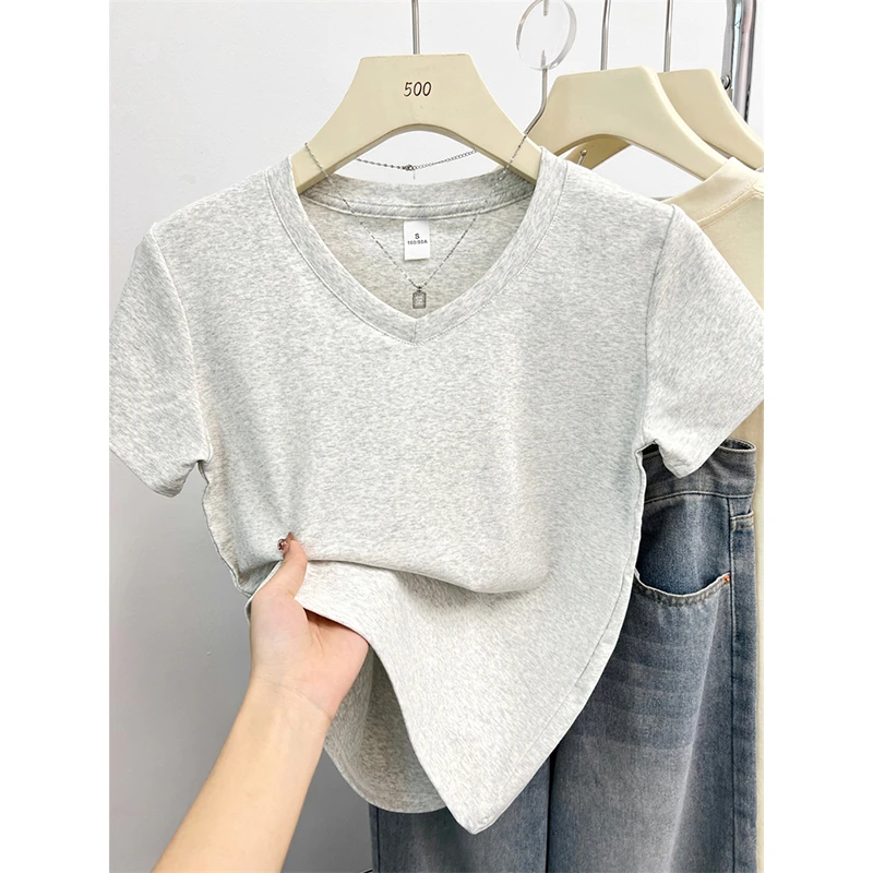 夏新款韩版正肩设计感V领显瘦纯色小众休闲百搭洋气短袖t恤女上衣