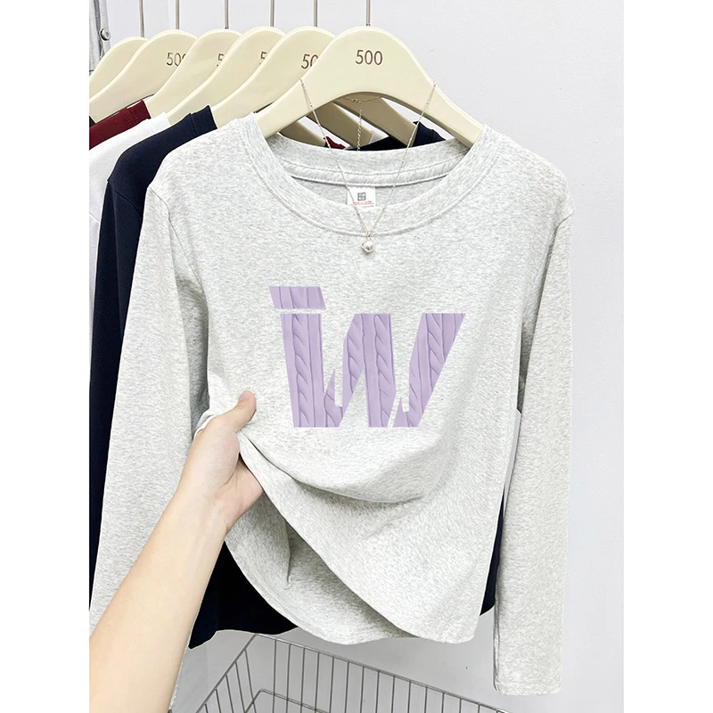 圆领正肩长袖T恤女早秋季2024新款韩版休闲字母印花打底衫上衣服
