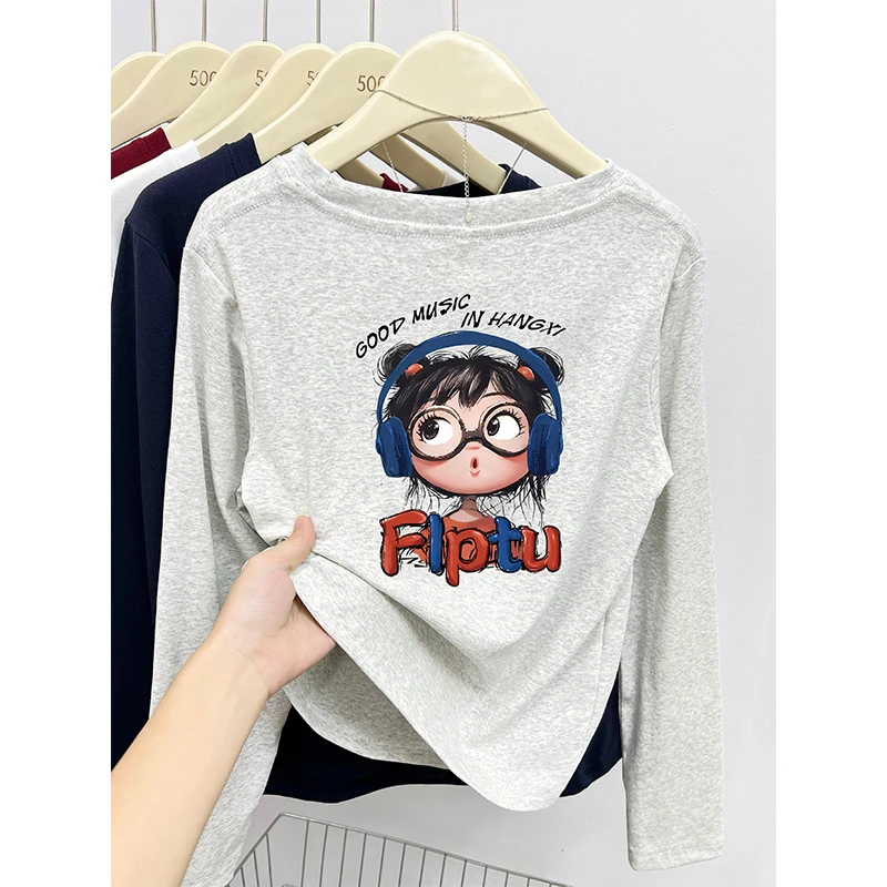 韩版正肩长袖打底衫T恤女装秋季设计感时尚印花显瘦内搭圆领上衣