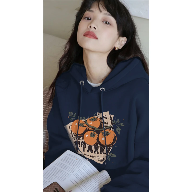 美式深蓝色连帽卫衣女秋冬2024年新款时尚百搭中长款宽松保暖上衣