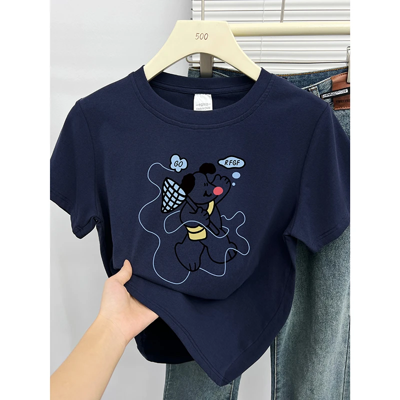 新款卡通印花短袖t恤女夏季时尚圆领设计感小众减龄正肩上衣ins潮