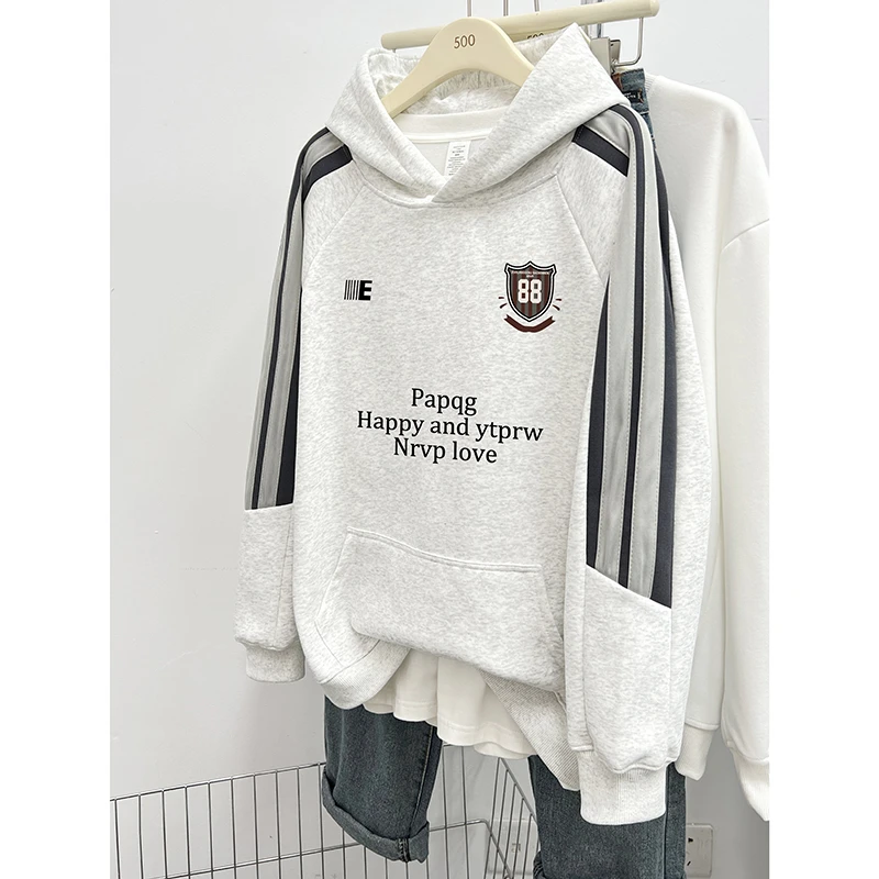 美式高街撞色条杠宽松连帽卫衣女秋冬时髦穿搭新款情侣装大码上衣