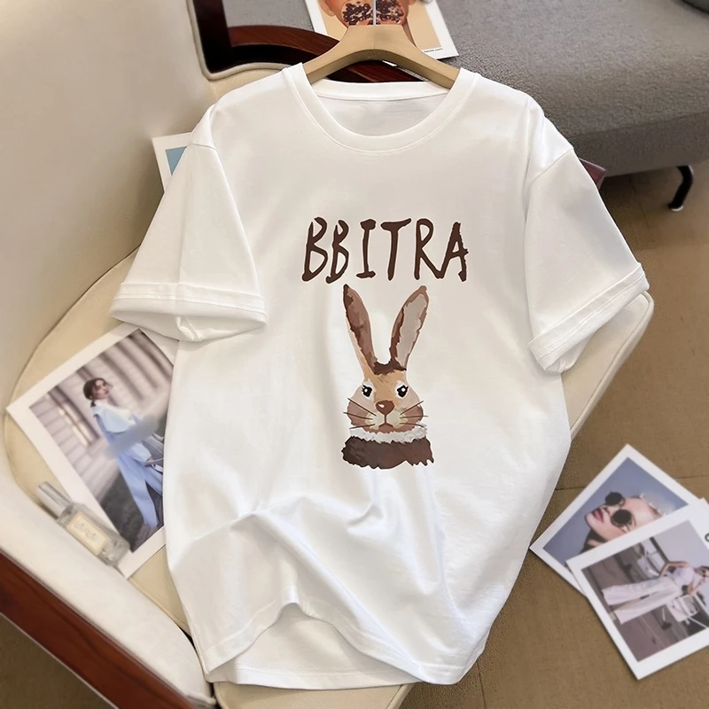 纯棉短袖T恤女夏季女装2023新款韩版正肩上衣设计感卡通印花体恤