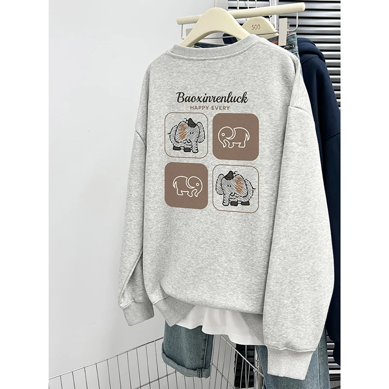 加绒加厚圆领卫衣女装秋冬新款爆款韩版宽松中长款无帽上衣ins潮