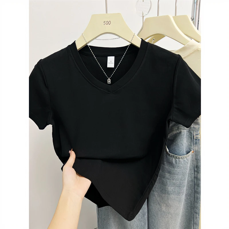 V领正肩黑色T恤女夏新款时尚百搭纯色修身显瘦基础款上衣佐朗格奴