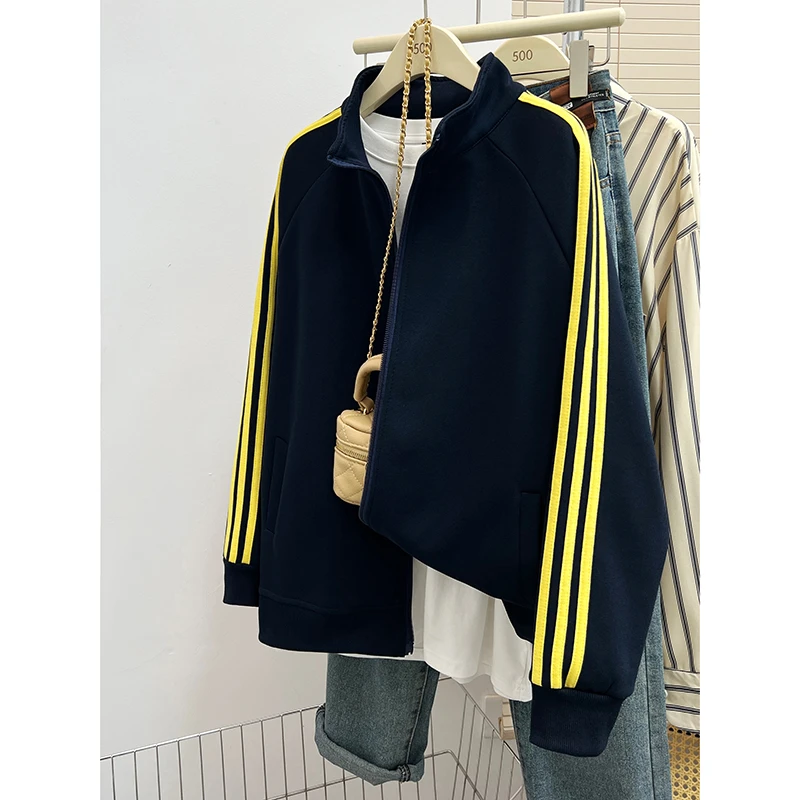 秋冬新款三条杠开衫卫衣女宽松oversize双拉头休闲百搭翻领外套潮