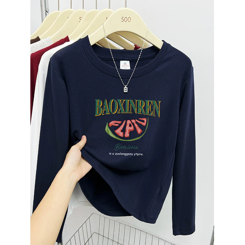 秋季新款韩版字母印花休闲百搭设计感正肩长袖t恤女圆领打底衫ins