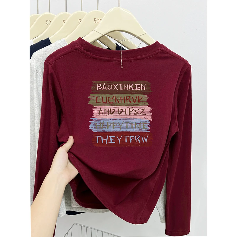 酒红色正肩打底衫t恤女秋冬季新款韩版长袖百搭显瘦设计感上衣ins