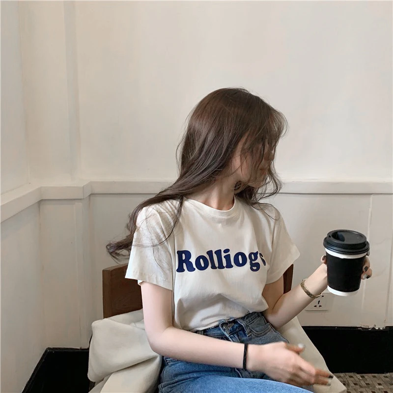 夏季爆款韩版休闲字母印花正肩短袖t恤女小个子百搭显瘦白色上衣