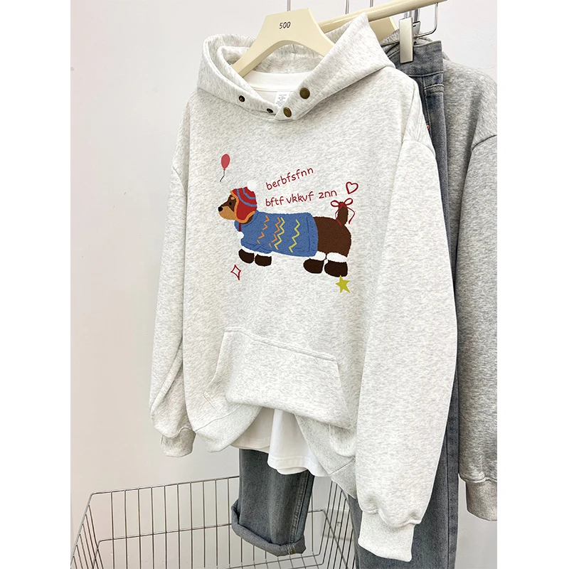 韩系ins减龄印花宽松休闲百搭连帽套头卫衣女秋冬季加绒加厚上衣