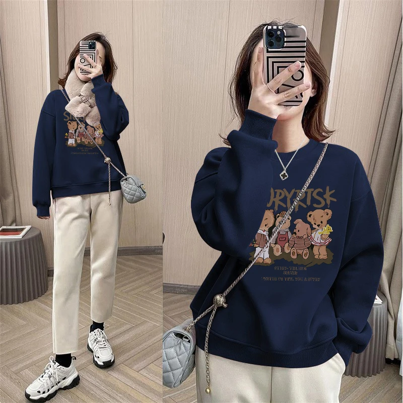 韩版减龄小熊印花圆领卫衣女装秋季新款时尚宽松休闲大码薄款上衣