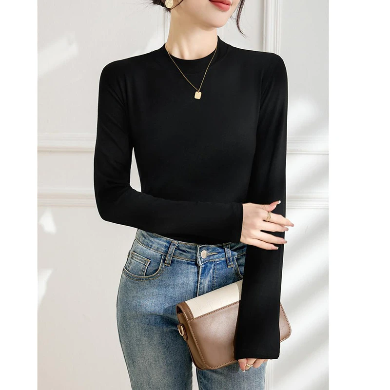 小立领修身t恤打底衫女秋冬新款韩版显瘦基础款纯色时髦穿搭上衣