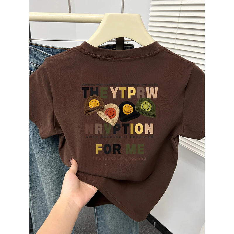 正肩短袖女t恤小个子2025夏季新款大码女装韩版圆领前后印花上衣