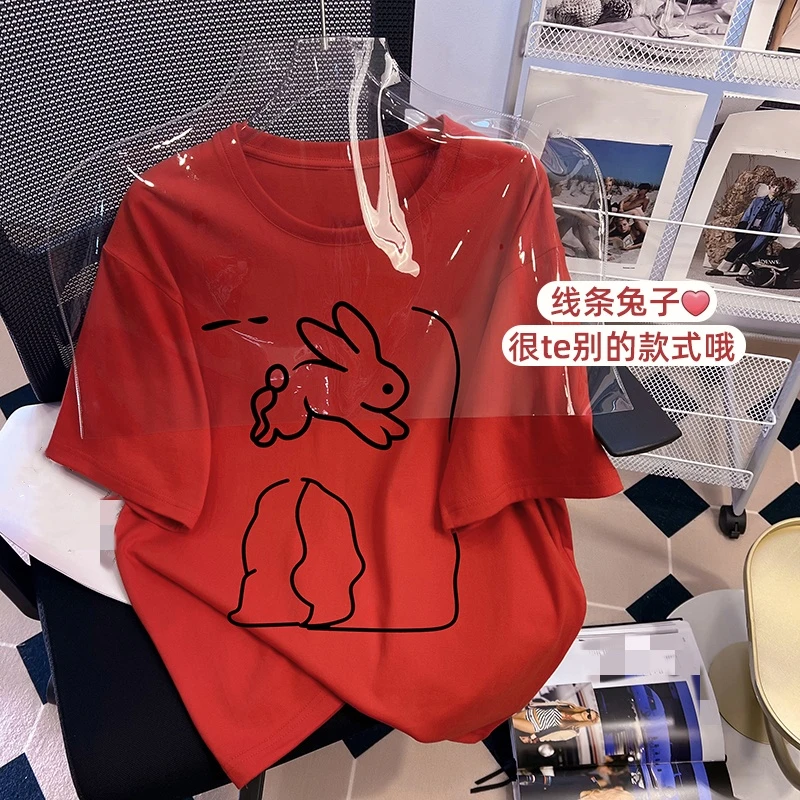 纯棉兔子ins短袖t恤女2024夏季新款时尚设计感小众休闲内搭体恤潮