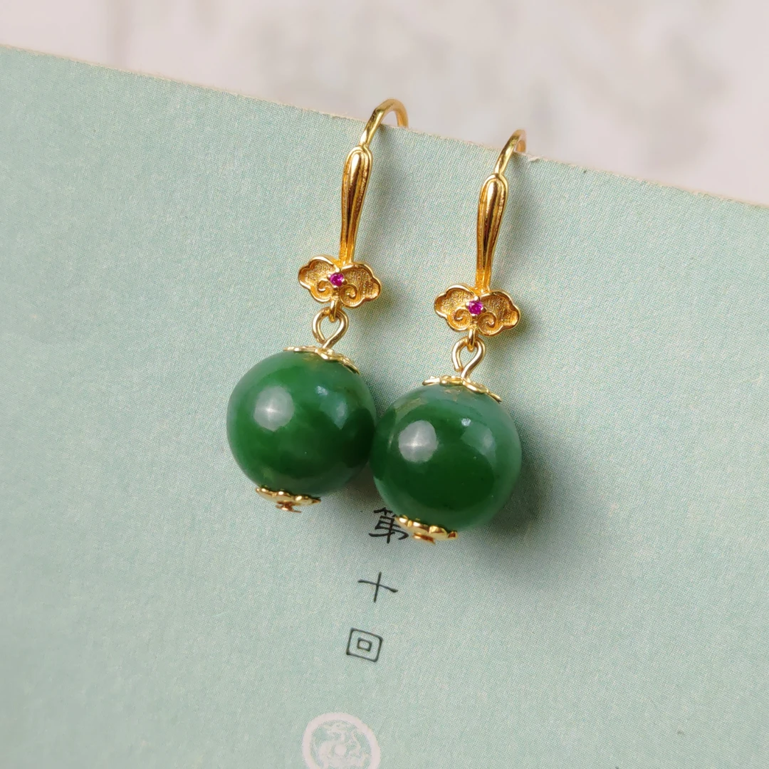 S925银和田玉碧玉卡12毫米圆珠耳坠菠菜绿玉耳环银耳钩耳饰811676