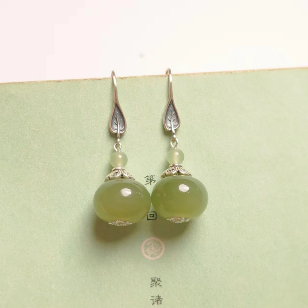 和田玉灯笼耳环树叶银耳钩