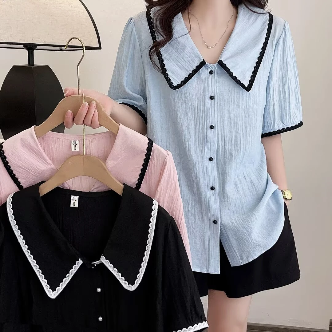大码女装蓝色垂感肌理撞色短袖衬衫夏胖mm直筒法式简约半袖衬衣潮