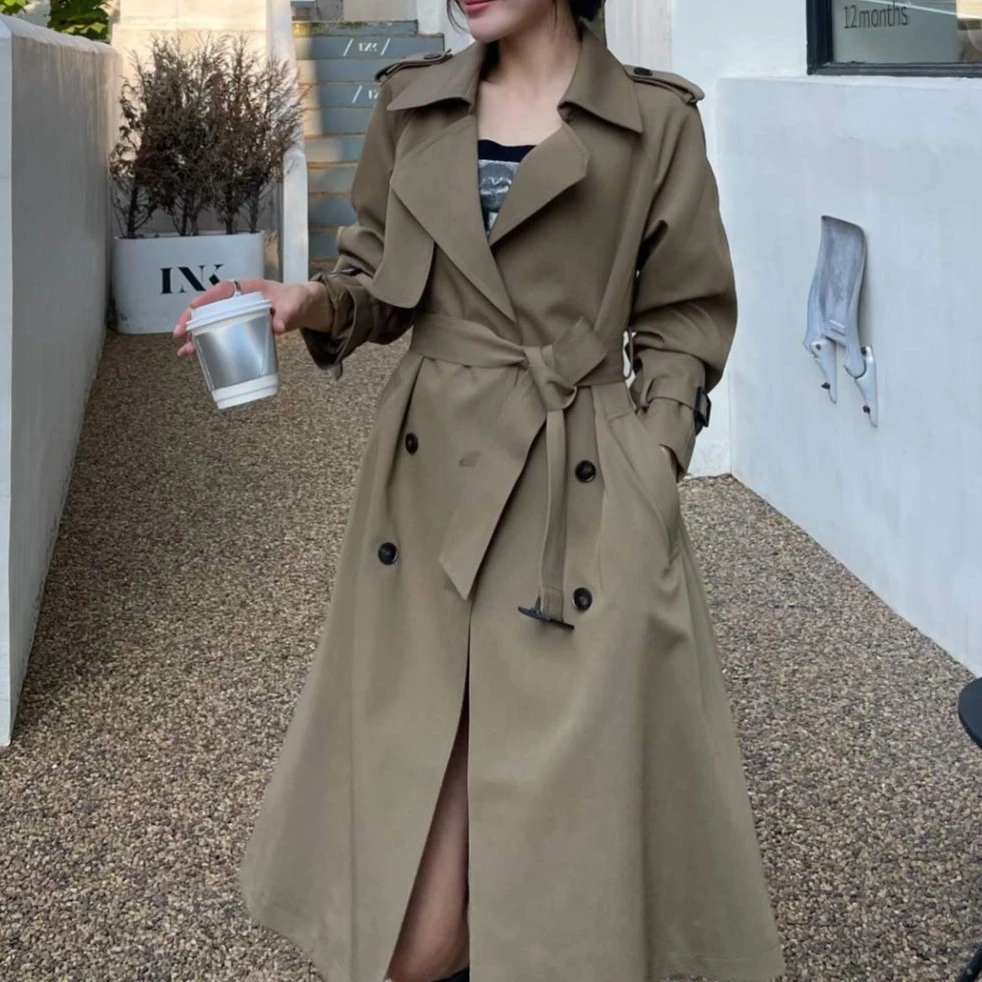 韩系后背纽扣气质风衣中长款外套显瘦风衣女英伦排扣
