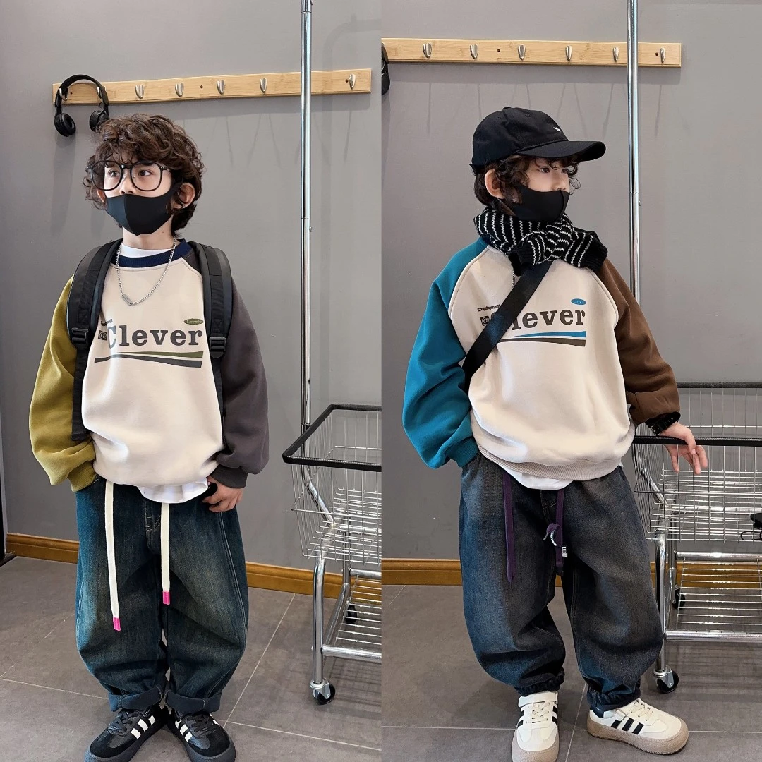 男童冬季新款一体绒卫衣加厚保暖韩版洋气宽松版拼色儿童冬装卫衣