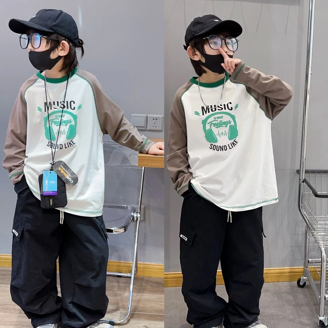 2024男童春季长袖T恤韩版洋气款中大童宽松时尚假两件儿童拼色潮T