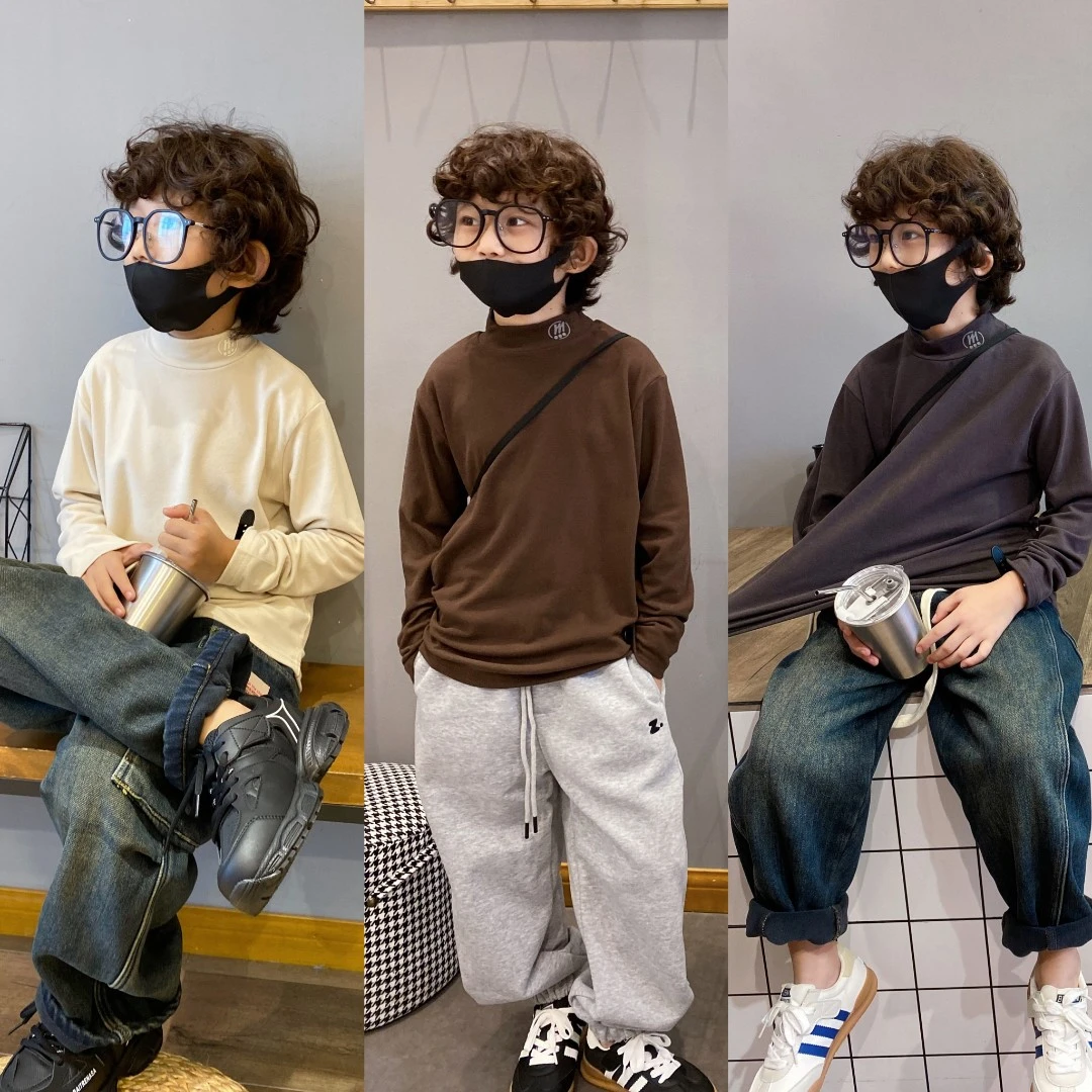 男童冬季新款百搭高领打底衫中大童秋冬套头长袖T恤高弹力2023款