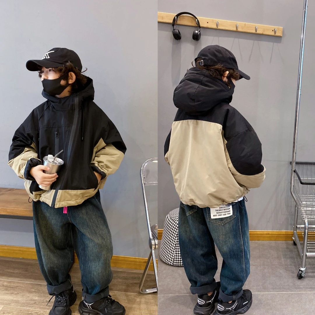 男童冬季新款棉衣外套夹棉保暖款中大童韩版洋气加厚连帽秋冬棉服